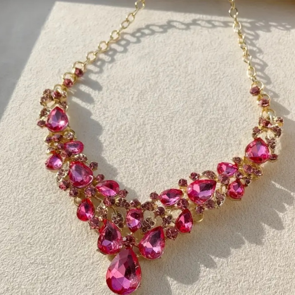 Callie Lives Pink and Gold Rhinestone Statement Necklace with Gemstone Cluster